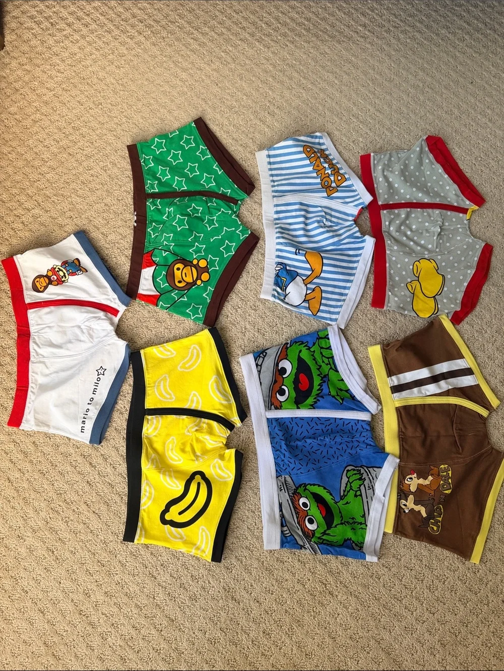 Cartoon Boxer Briefs in Green, Yellow, Blue, Brown, White, Gray, Red